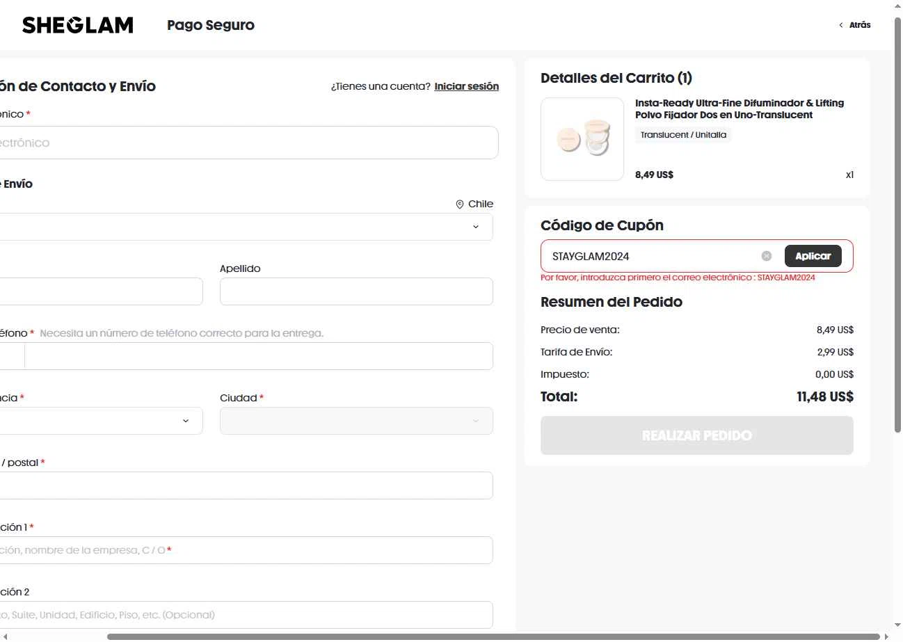 SHEGLAM US checkout page showing SHEGLAM US promo code box | Screenshot taken by SimplyCodes community member on Dec 16, 2025