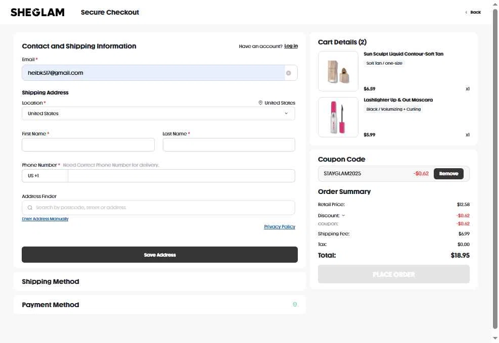 SHEGLAM US checkout page showing SHEGLAM US promo code box | Screenshot taken by SimplyCodes community member on Jan 21, 2026