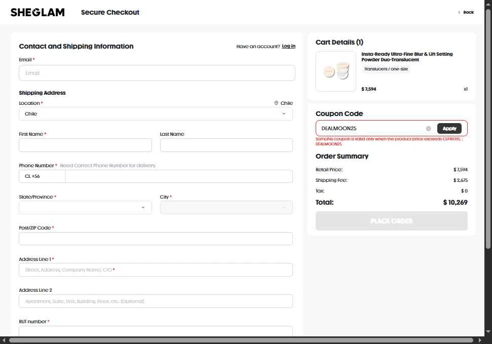 SHEGLAM US checkout page showing SHEGLAM US promo code box | Screenshot taken by SimplyCodes community member on Jan 14, 2026
