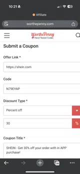 SHEIN coupon verification screenshot