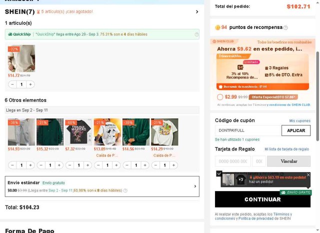 SHEIN checkout page showing SHEIN coupon code box | Screenshot taken by SimplyCodes community member on Aug 24, 2025