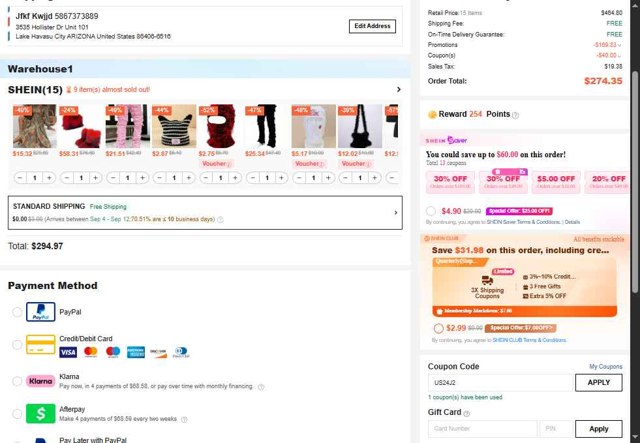 SHEIN checkout page showing SHEIN coupon code box | Screenshot taken by SimplyCodes community member on Aug 23, 2025