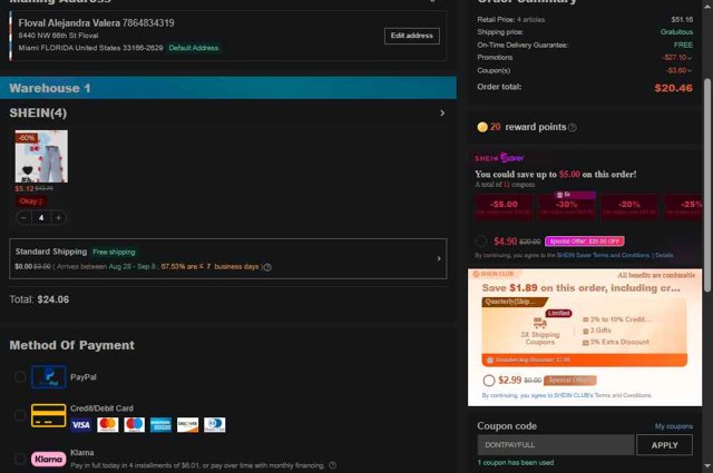 SHEIN checkout page showing SHEIN coupon code box | Screenshot taken by SimplyCodes community member on Aug 21, 2025