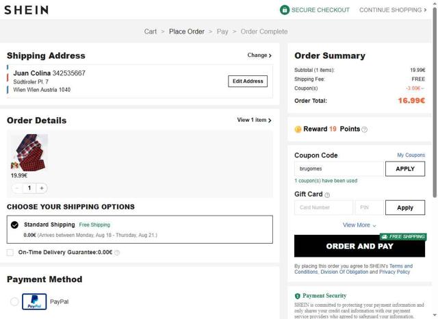 Shein EU checkout page showing Shein EU discount code box | Screenshot taken by SimplyCodes community member on Aug 6, 2025