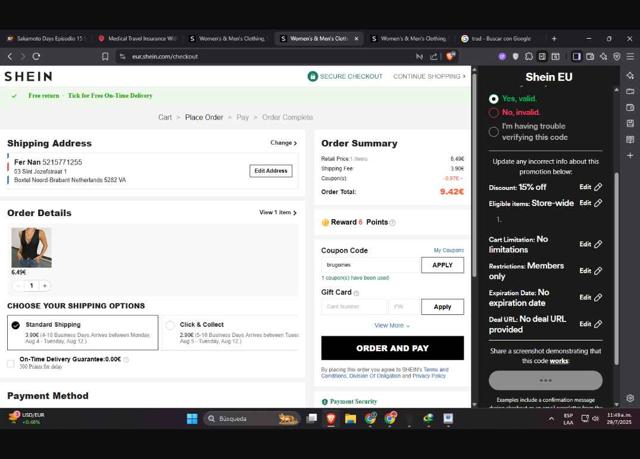 Shein EU checkout page showing Shein EU discount code box | Screenshot taken by SimplyCodes community member on Jul 29, 2025