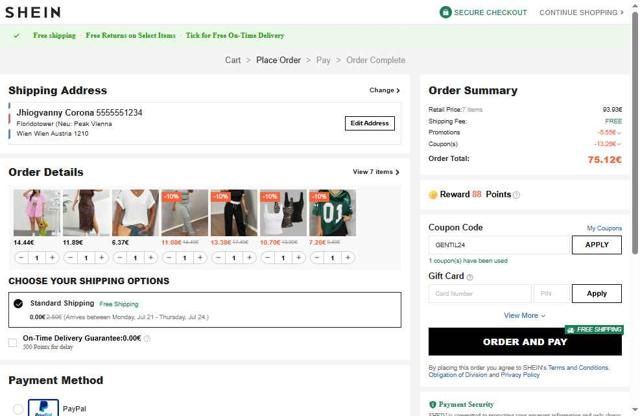 Shein EU checkout page showing Shein EU discount code box | Screenshot taken by SimplyCodes community member on Jul 9, 2025
