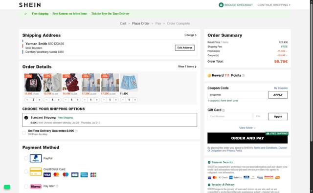 Shein EU checkout page showing Shein EU discount code box | Screenshot taken by SimplyCodes community member on Jul 16, 2025