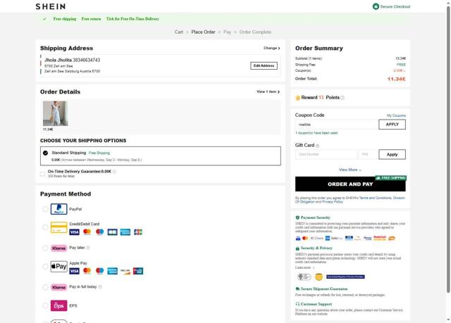Shein EU checkout page showing Shein EU discount code box | Screenshot taken by SimplyCodes community member on Aug 22, 2025