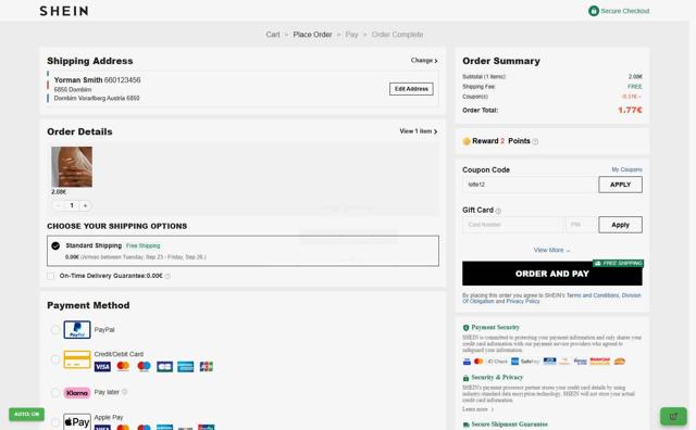 Shein EU checkout page showing Shein EU discount code box | Screenshot taken by SimplyCodes community member on Sep 11, 2025