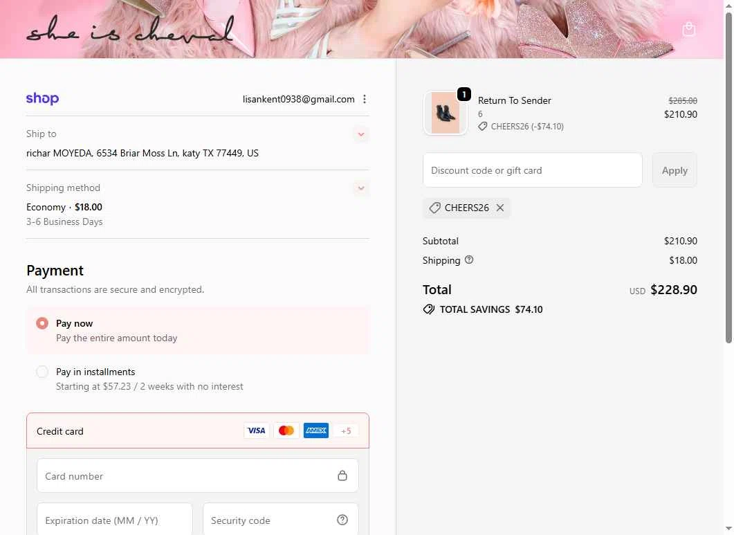 She is Cheval checkout page showing She is Cheval promo code box | Screenshot taken by SimplyCodes community member on Dec 30, 2025