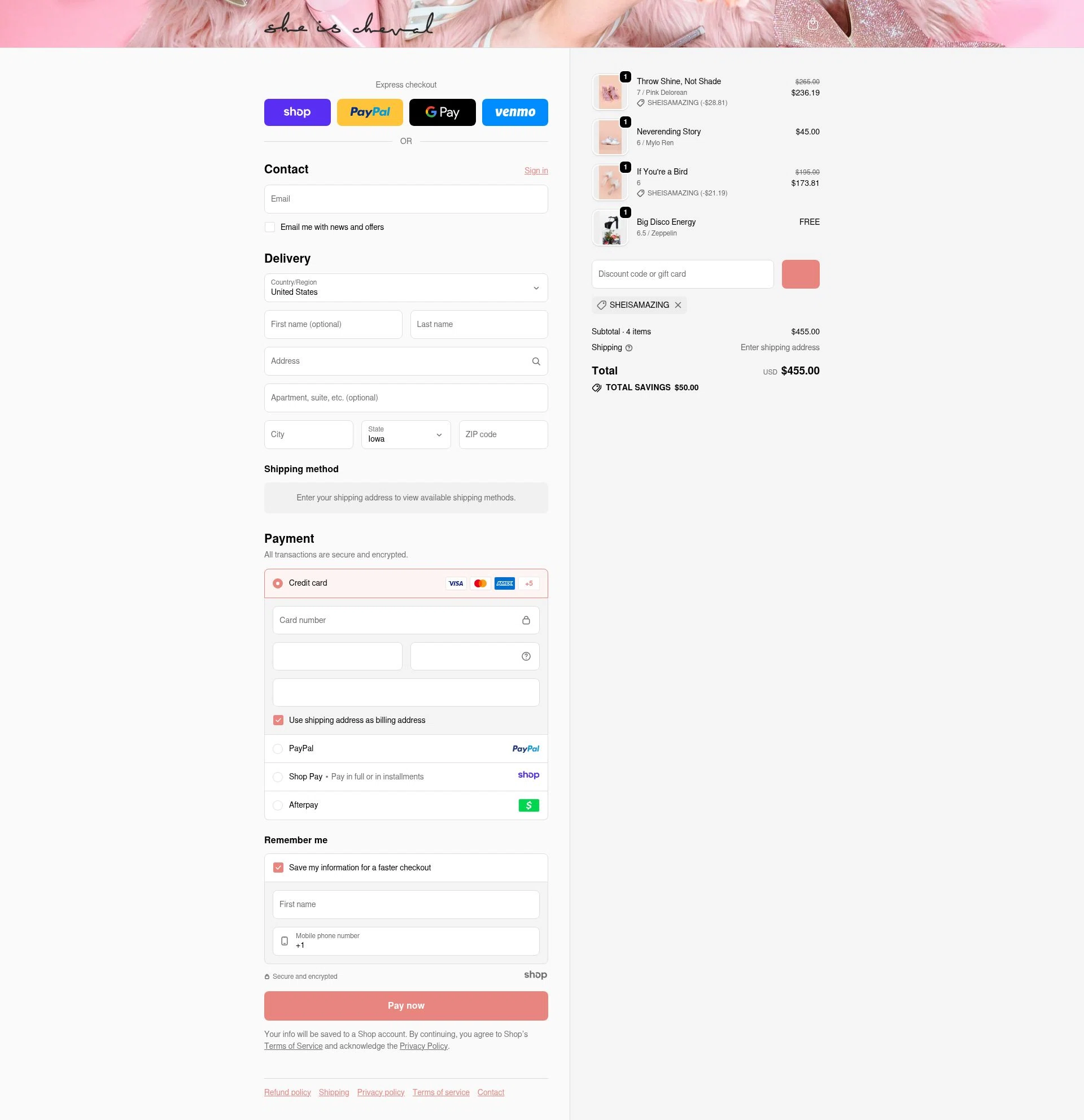 She is Cheval checkout page showing She is Cheval promo code box | Screenshot taken by SimplyCodes community member on Dec 17, 2025