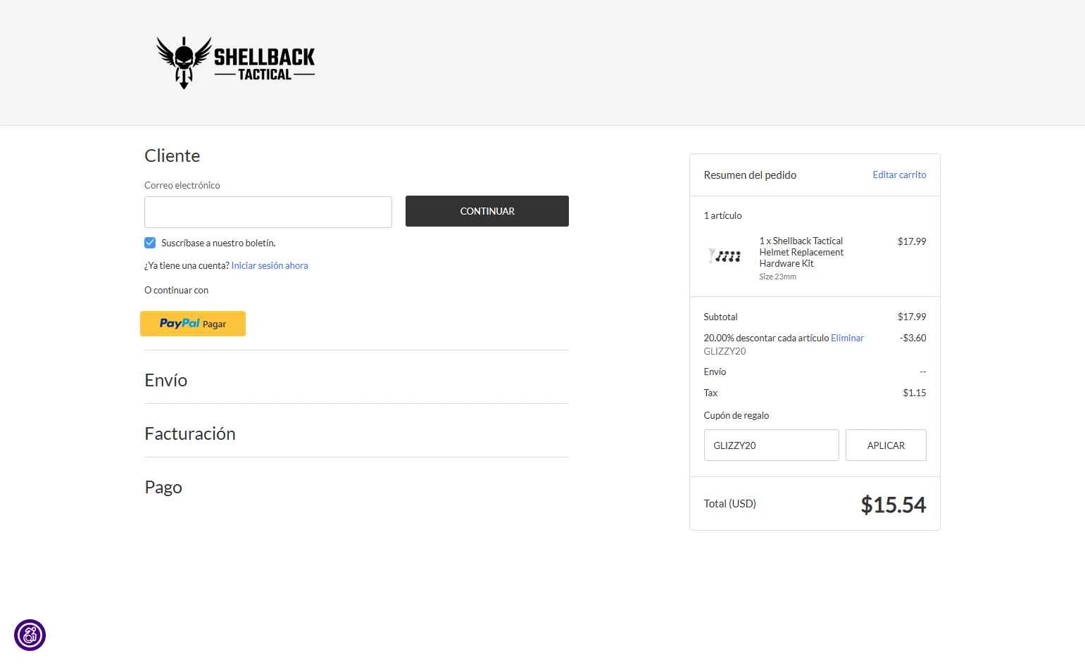 Shellback Tactical checkout page showing Shellback Tactical coupon code box | Screenshot taken by SimplyCodes community member on Aug 30, 2025