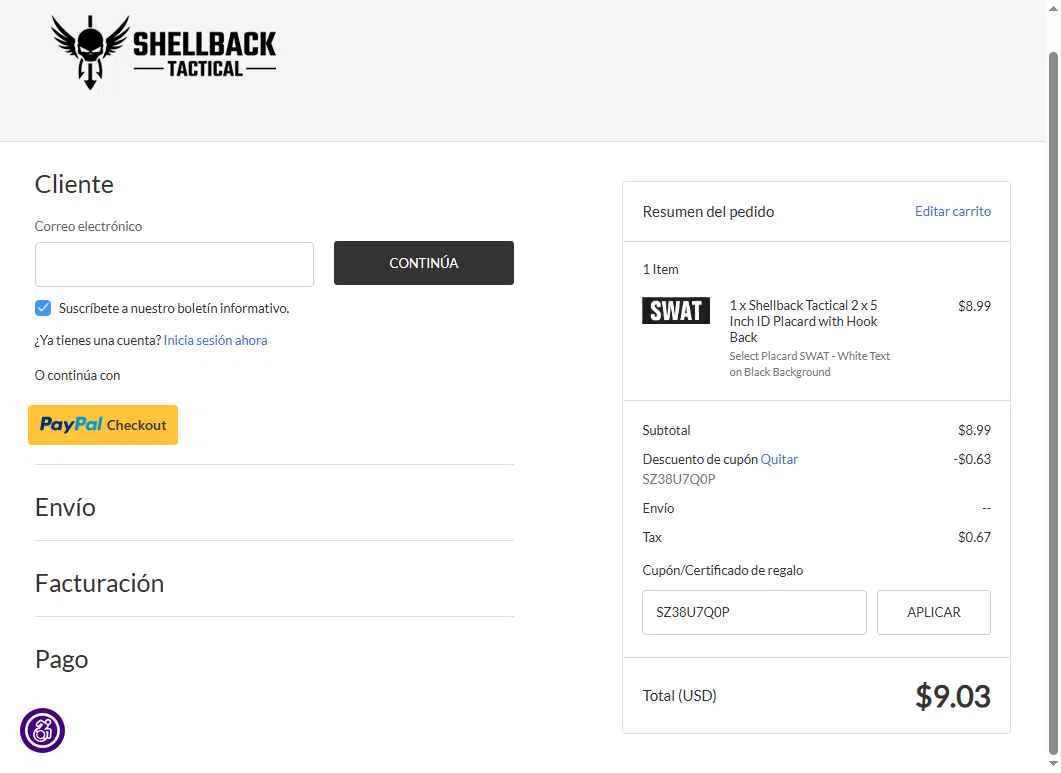 Shellback Tactical checkout page showing Shellback Tactical coupon code box | Screenshot taken by SimplyCodes community member on Nov 21, 2025