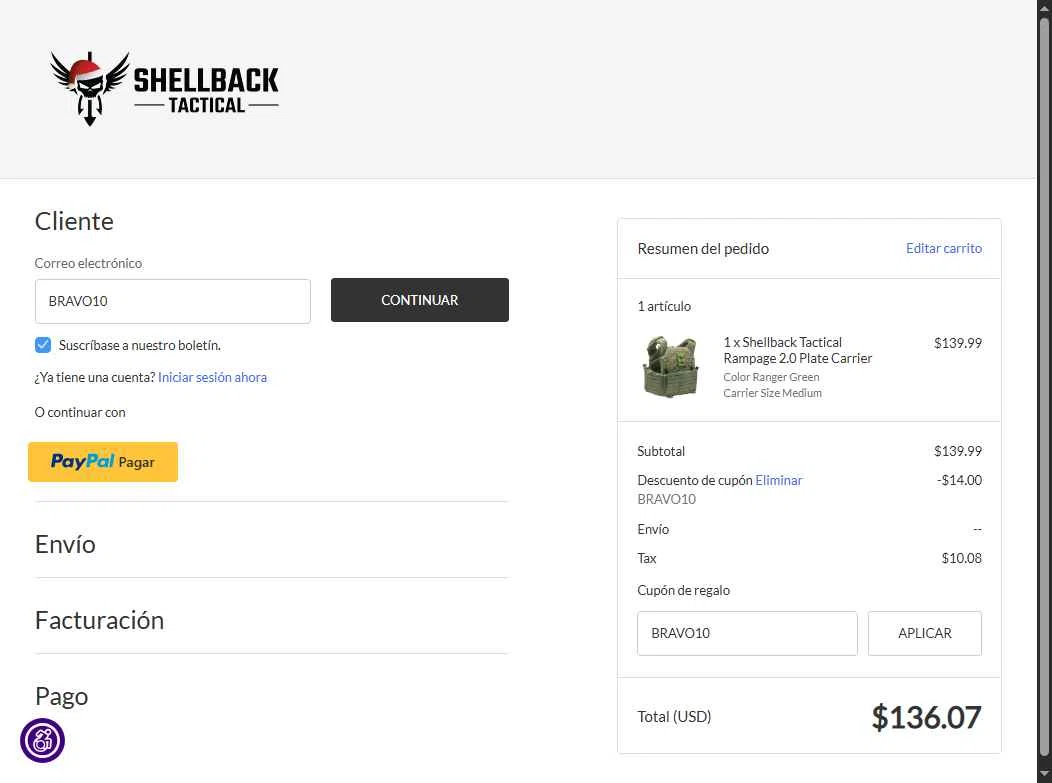 Shellback Tactical checkout page showing Shellback Tactical coupon code box | Screenshot taken by SimplyCodes community member on Dec 4, 2025