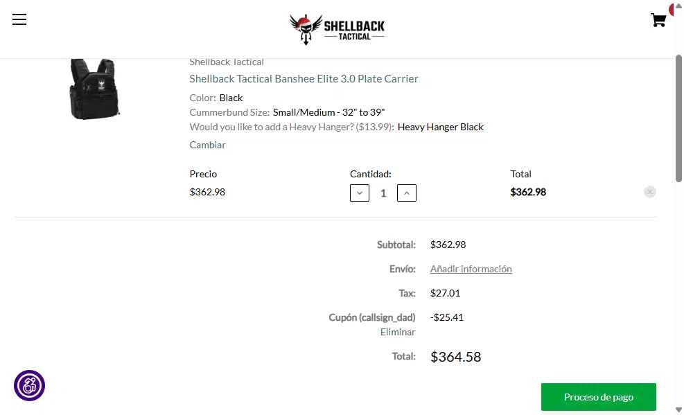 Shellback Tactical checkout page showing Shellback Tactical coupon code box | Screenshot taken by SimplyCodes community member on Dec 4, 2025