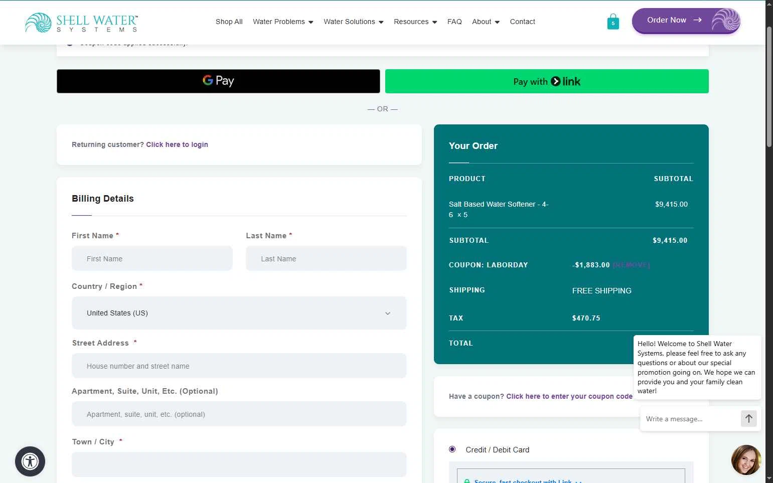 Shell Water Systems checkout page showing Shell Water Systems promo code box | Screenshot taken by SimplyCodes community member on Sep 30, 2025