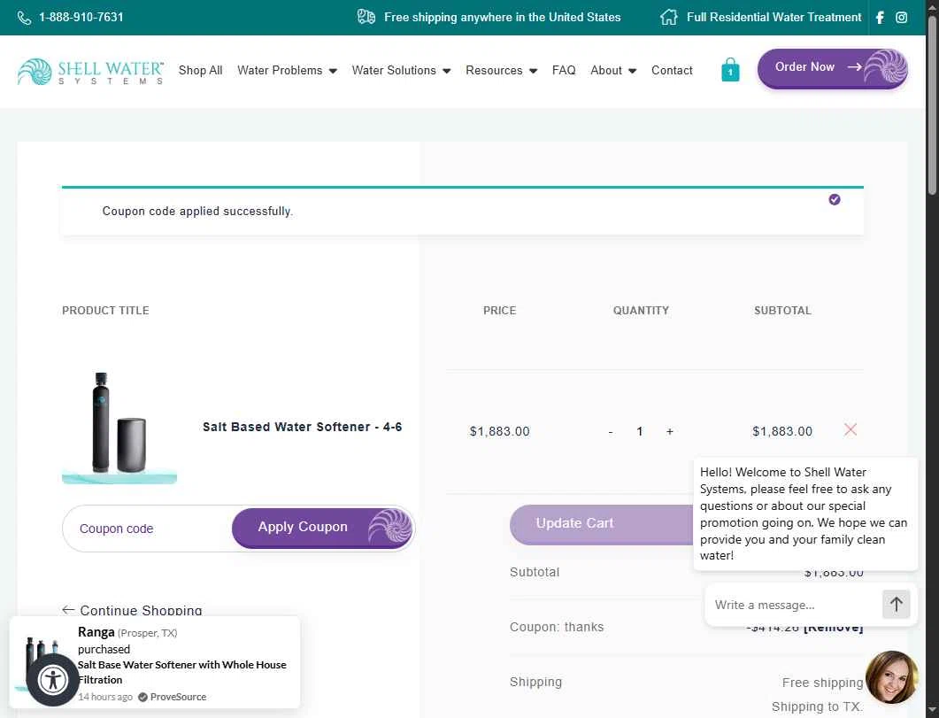 Shell Water Systems checkout page showing Shell Water Systems promo code box | Screenshot taken by SimplyCodes community member on Nov 1, 2025