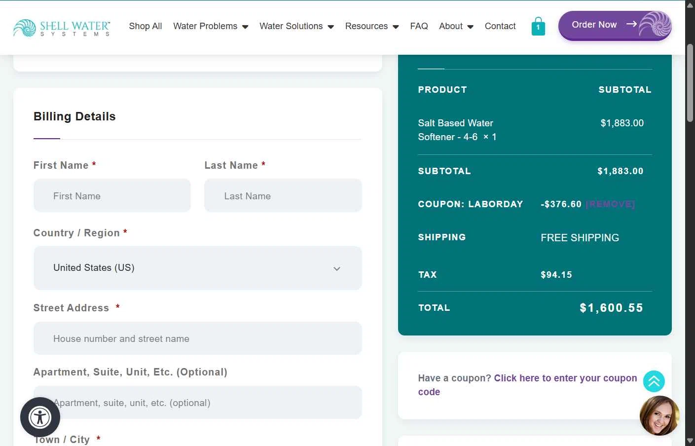 Shell Water Systems checkout page showing Shell Water Systems promo code box | Screenshot taken by SimplyCodes community member on Sep 30, 2025