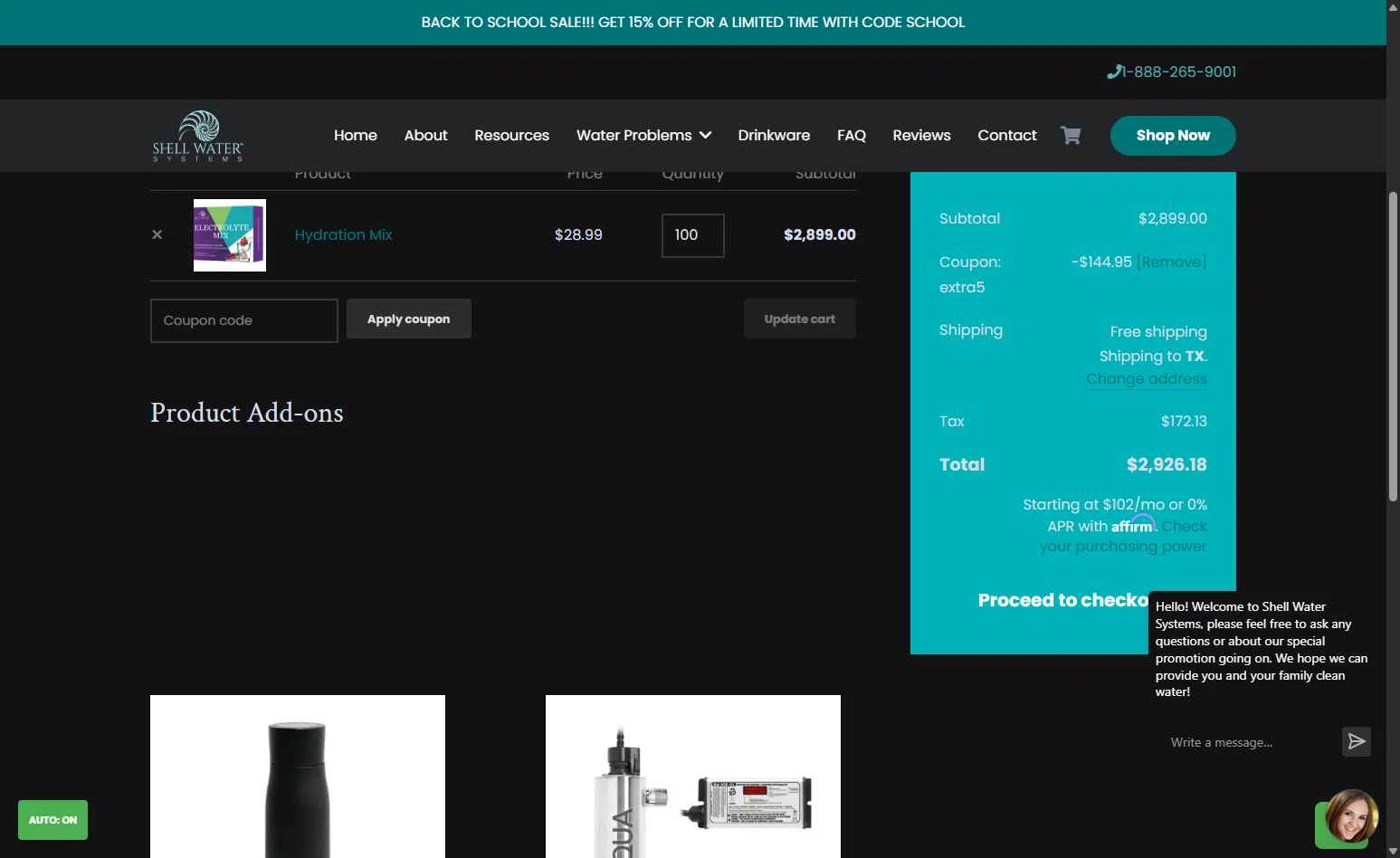 Shell Water Systems checkout page showing Shell Water Systems promo code box | Screenshot taken by SimplyCodes community member on Aug 19, 2025