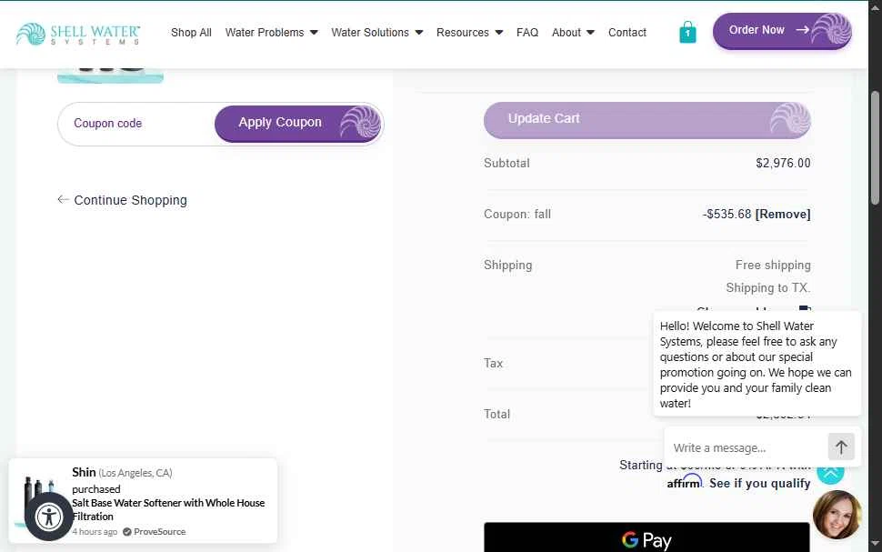 Shell Water Systems checkout page showing Shell Water Systems promo code box | Screenshot taken by SimplyCodes community member on Oct 9, 2025