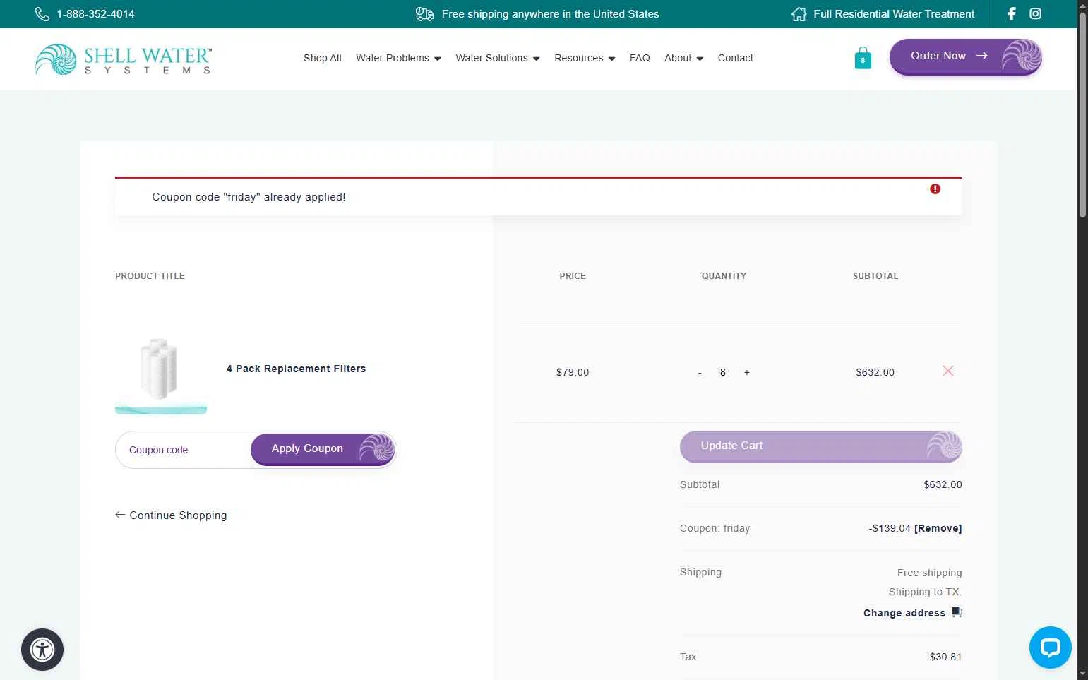 Shell Water Systems checkout page showing Shell Water Systems promo code box | Screenshot taken by SimplyCodes community member on Nov 28, 2025