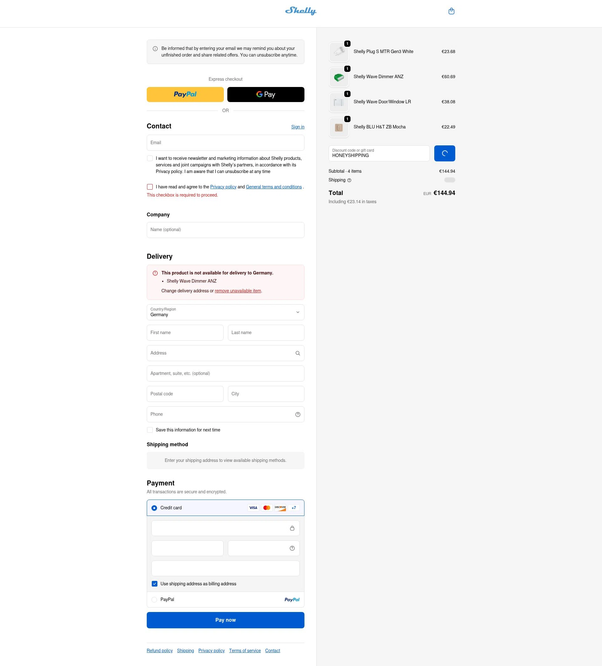 Shelly checkout page showing Shelly discount code box | Screenshot taken by SimplyCodes community member on Jan 2, 2026