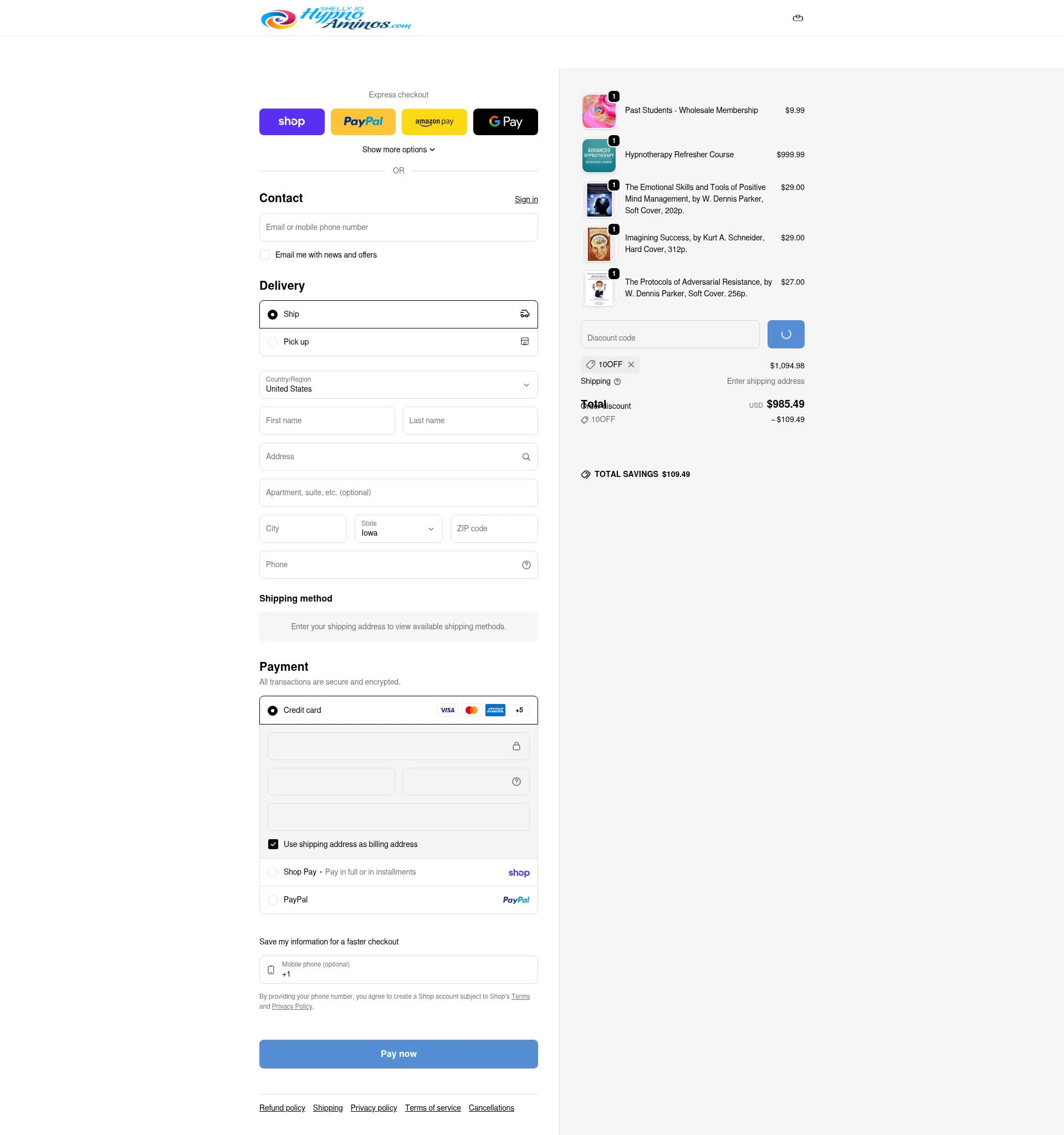 Shelly Jo Hypno Aminos checkout page showing Shelly Jo Hypno Aminos promo code box | Screenshot taken by SimplyCodes community member on Feb 7, 2026