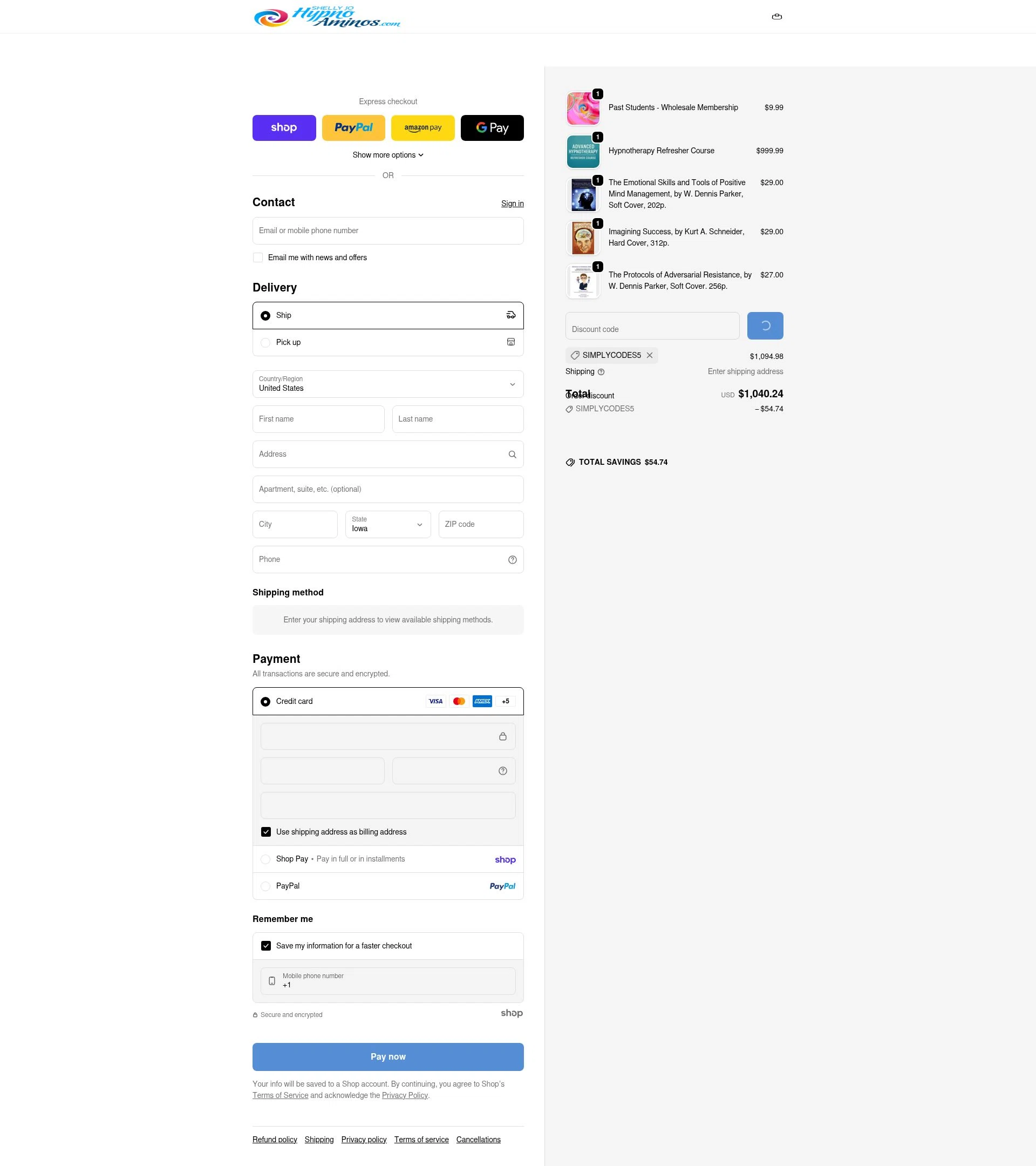 Shelly Jo Hypno Aminos checkout page showing Shelly Jo Hypno Aminos promo code box | Screenshot taken by SimplyCodes community member on Jan 29, 2026