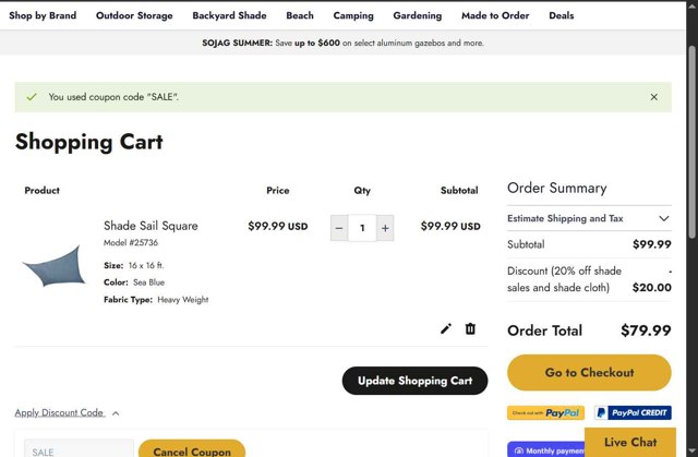 ShelterLogic checkout page showing ShelterLogic discount code box | Screenshot taken by SimplyCodes community member on Jul 31, 2025