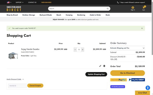 ShelterLogic checkout page showing ShelterLogic discount code box | Screenshot taken by SimplyCodes community member on Aug 4, 2025