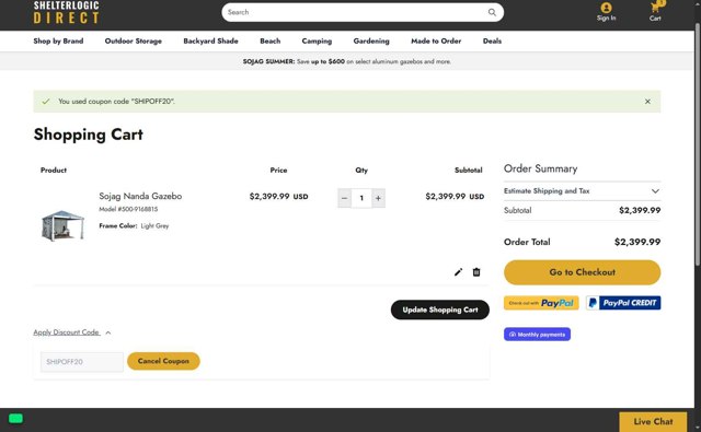 ShelterLogic checkout page showing ShelterLogic discount code box | Screenshot taken by SimplyCodes community member on Jul 20, 2025