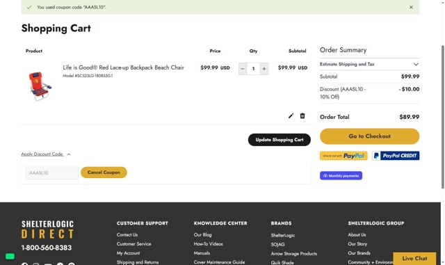 ShelterLogic checkout page showing ShelterLogic discount code box | Screenshot taken by SimplyCodes community member on Sep 2, 2025