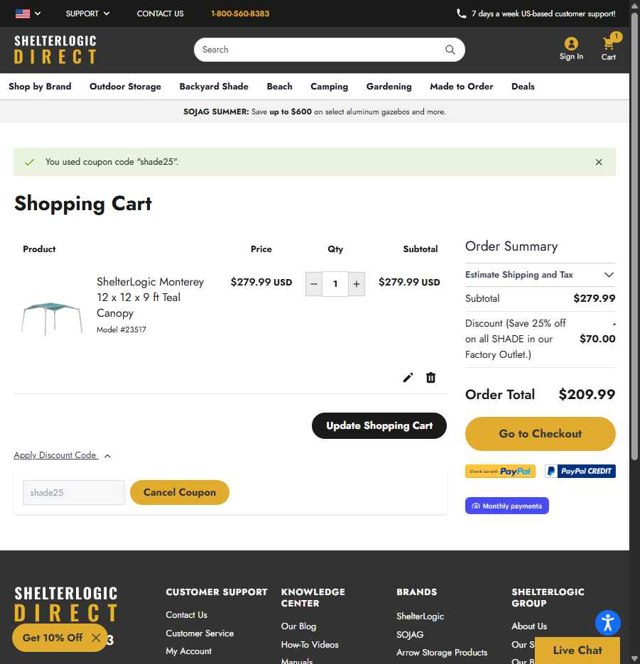 ShelterLogic checkout page showing ShelterLogic discount code box | Screenshot taken by SimplyCodes community member on Aug 4, 2025