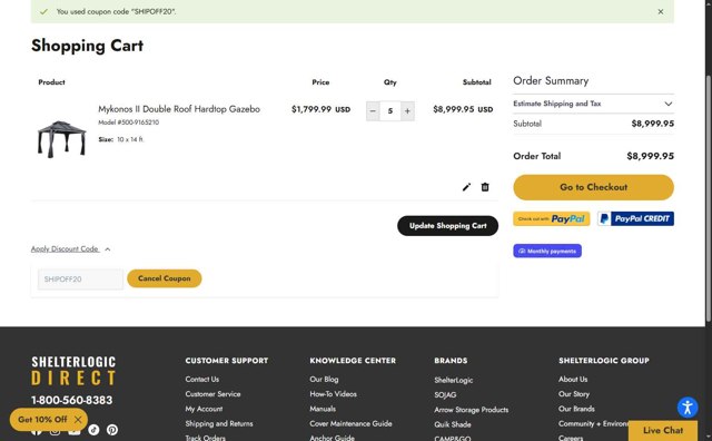 ShelterLogic checkout page showing ShelterLogic discount code box | Screenshot taken by SimplyCodes community member on Sep 3, 2025