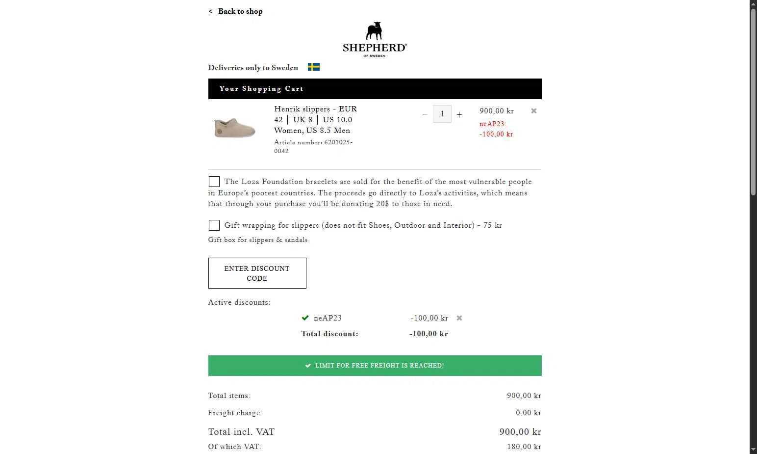 Shepherd of Sweden checkout page showing Shepherd of Sweden discount code box | Screenshot taken by SimplyCodes community member on Aug 3, 2025
