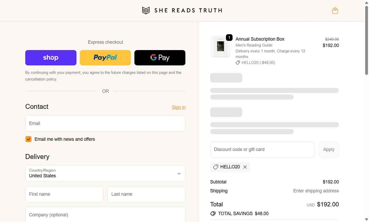 She Reads Truth checkout page showing She Reads Truth discount code box | Screenshot taken by SimplyCodes community member on Jan 7, 2026