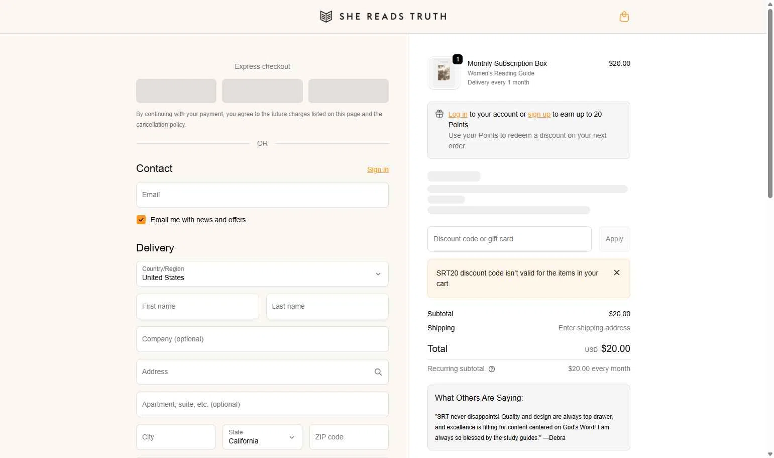 She Reads Truth checkout page showing She Reads Truth discount code box | Screenshot taken by SimplyCodes community member on Dec 24, 2025