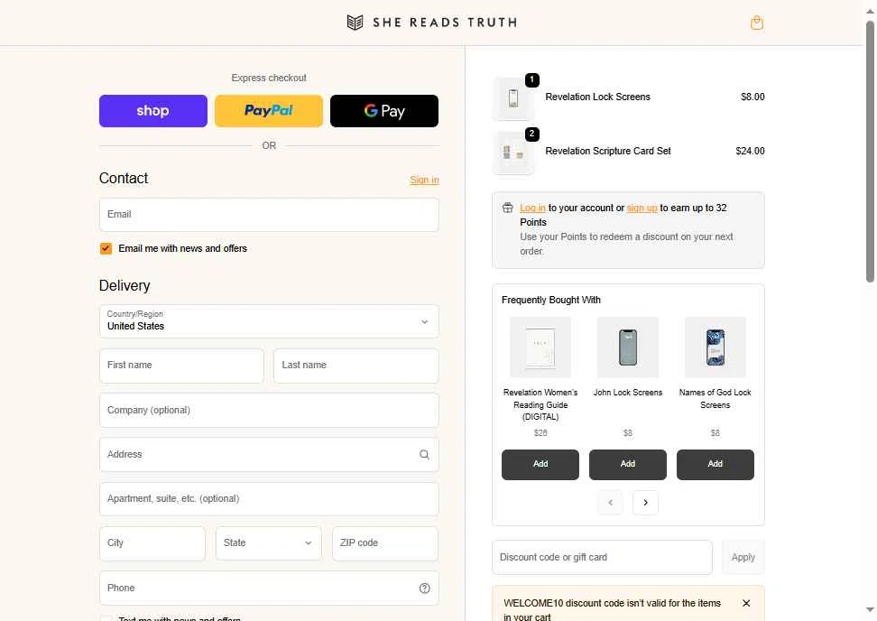 She Reads Truth checkout page showing She Reads Truth discount code box | Screenshot taken by SimplyCodes community member on Oct 22, 2025