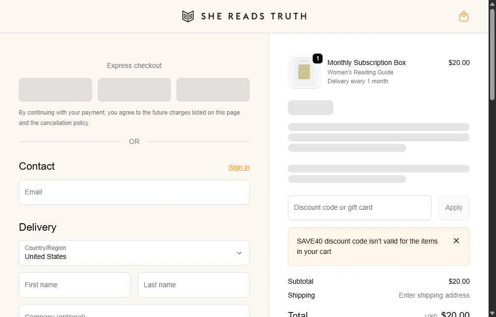 She Reads Truth checkout page showing She Reads Truth discount code box | Screenshot taken by SimplyCodes community member on Jan 25, 2026