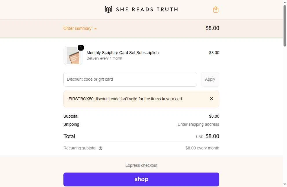 She Reads Truth checkout page showing She Reads Truth discount code box | Screenshot taken by SimplyCodes community member on Feb 4, 2026