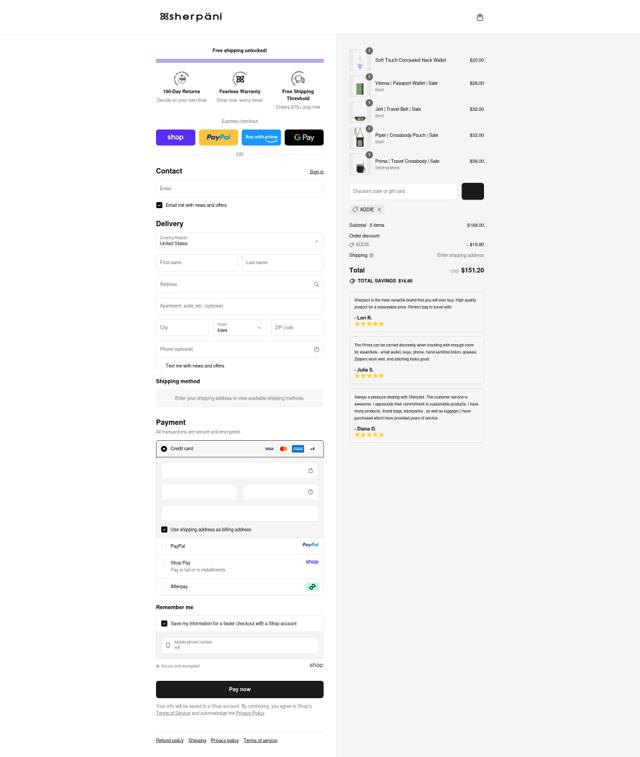 Sherpani checkout page showing Sherpani coupon code box | Screenshot taken by SimplyCodes community member on Sep 10, 2025