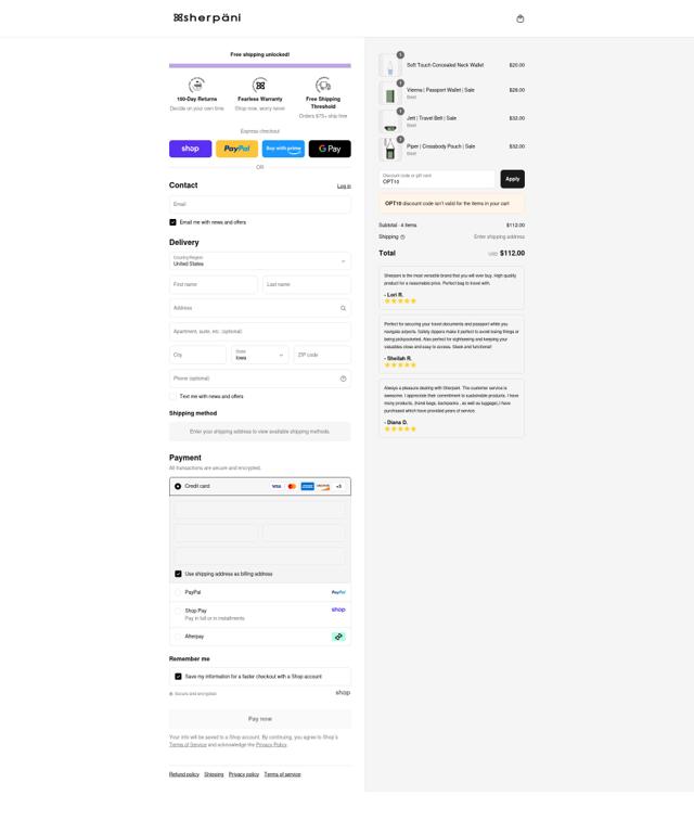 Sherpani checkout page showing Sherpani coupon code box | Screenshot taken by SimplyCodes community member on Sep 7, 2025