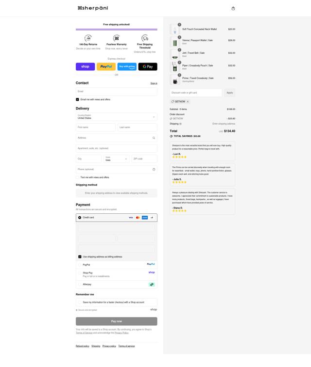 Sherpani checkout page showing Sherpani coupon code box | Screenshot taken by SimplyCodes community member on Sep 10, 2025