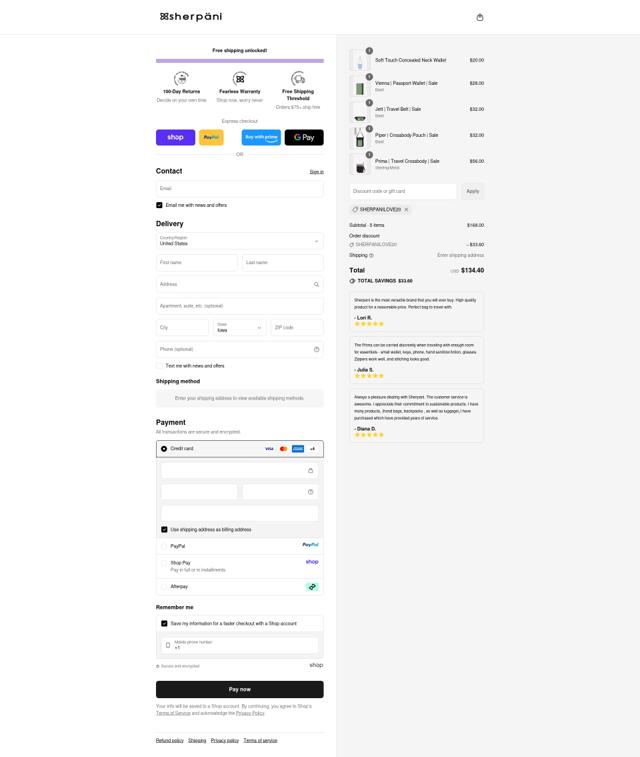 Sherpani checkout page showing Sherpani coupon code box | Screenshot taken by SimplyCodes community member on Sep 10, 2025