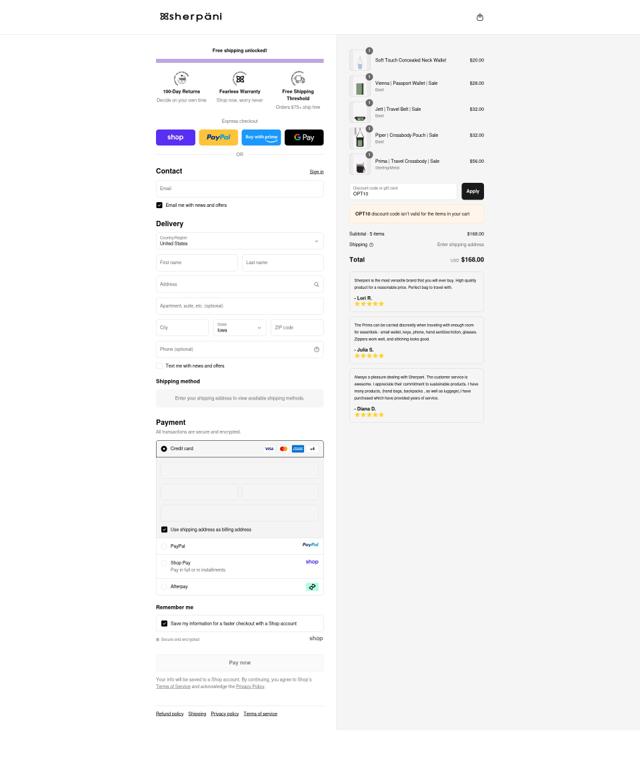 Sherpani checkout page showing Sherpani coupon code box | Screenshot taken by SimplyCodes community member on Sep 10, 2025