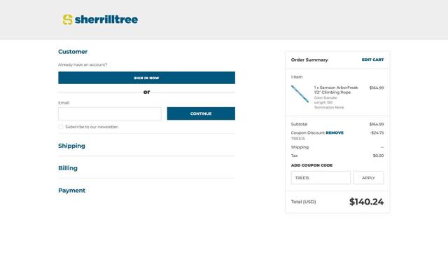 SherrillTree checkout page showing SherrillTree coupon code box | Screenshot taken by SimplyCodes community member on Sep 12, 2025