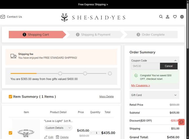Shesaidyes checkout page showing Shesaidyes promo code box | Screenshot taken by SimplyCodes community member on Aug 24, 2025