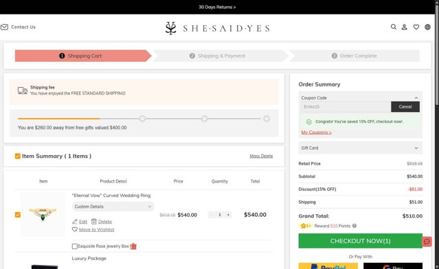 Shesaidyes checkout page showing Shesaidyes promo code box | Screenshot taken by SimplyCodes community member on Aug 25, 2025