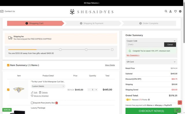 Shesaidyes checkout page showing Shesaidyes promo code box | Screenshot taken by SimplyCodes community member on Aug 31, 2025