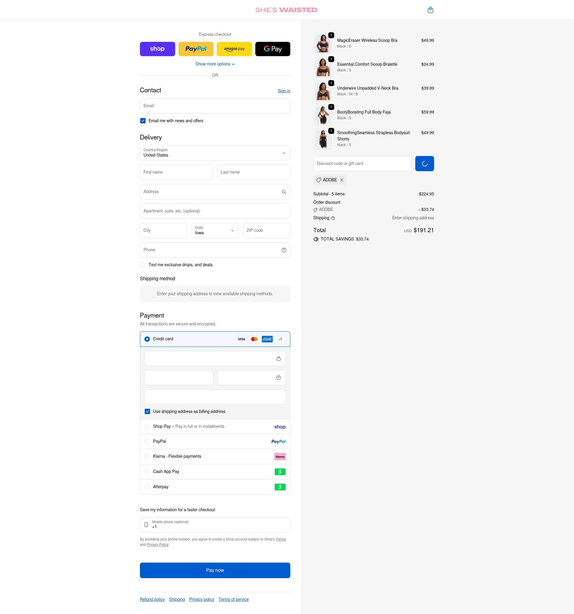 Shes Waisted checkout page showing Shes Waisted discount code box | Screenshot taken by SimplyCodes community member on Feb 21, 2026